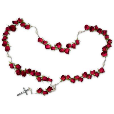 5 decades rosary made of fresh mini red roses, typically used inside casket cover for funerals