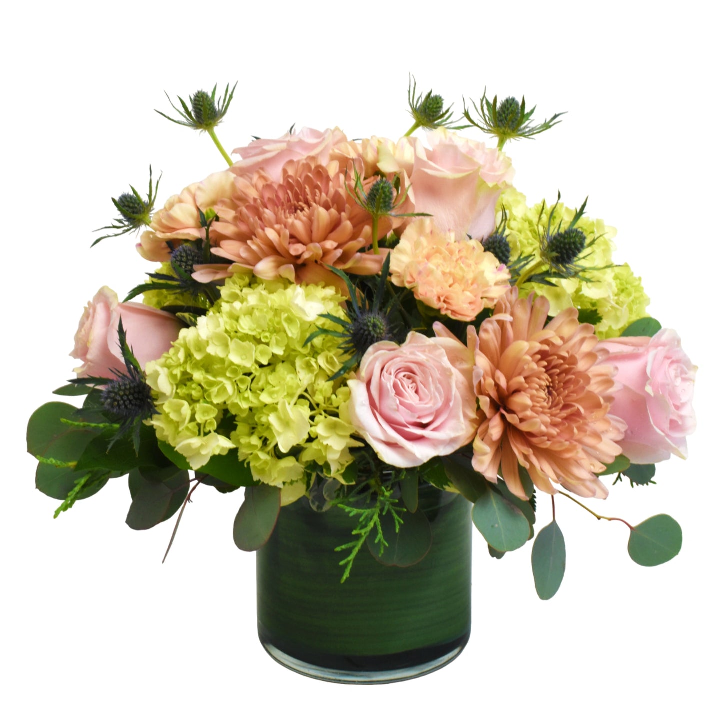 Apple Tea arrangement features peach, light pink and green tones of flowers such as hydrangea, roses, chrysanthemums