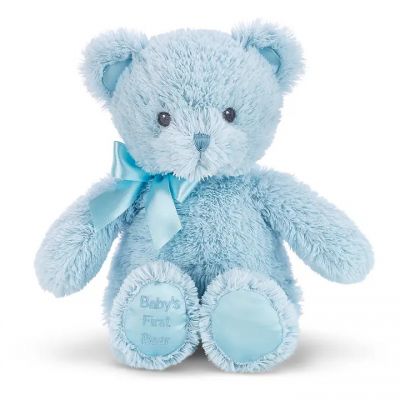 Blue teddy bear with a bow. This is a type of bear appropriate for children under 3 years.