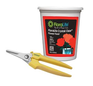Floralife crystal clear flower food container with yellow floral shears - available for sale at Scent & Violet in Houston, TX