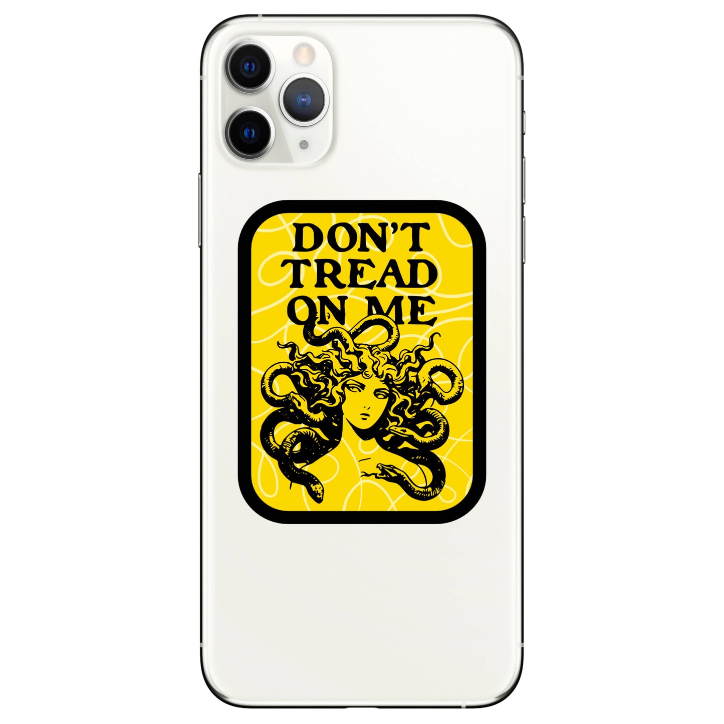 Phone case with 'Don't Tread on Me' design featuring Medusa on a yellow background. - phone case not sold