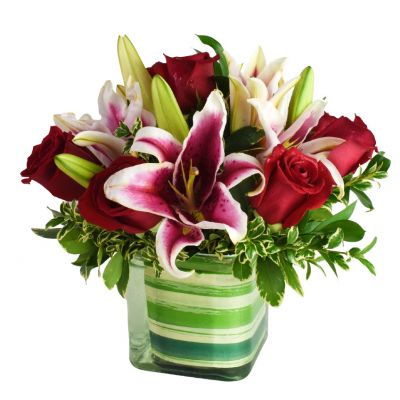 Pink roses and lilies cube