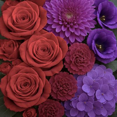 Visual representation of Scent & Violet’s jewel queen collection palette featuring flowers in purple, violet, and red. Photo is a sample of color tone and not actual flowers used in the arrangement 
