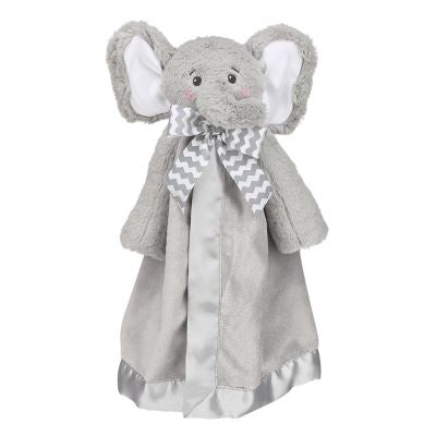 Ultra-soft grey velour Elephant Plush Stuffed Animal with snuggler Security Blanket available at scent & Violet in houston, tx 
