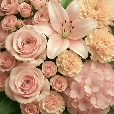 Visual representation of Scent & Violet’s peachy pink collection palette featuring flowers in pink, peach, and green. Photo is a sample of color tone and not actual flowers used in the arrangement 