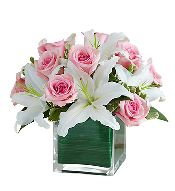 Pink roses and white lilies cube