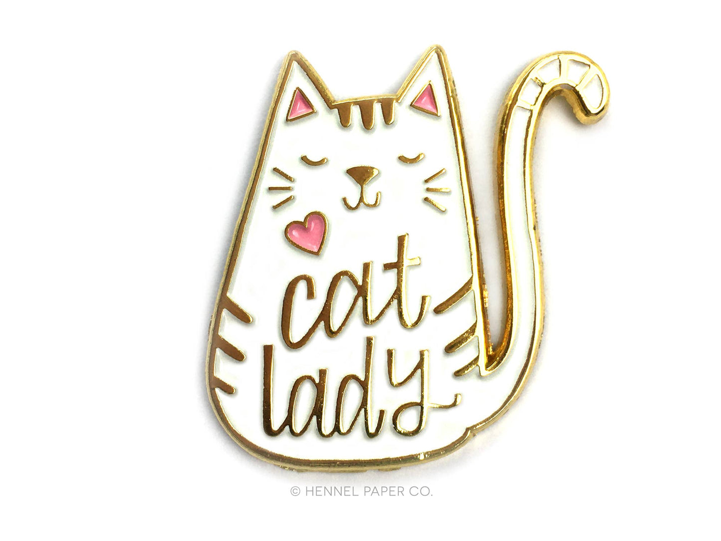 Cat-shaped enamel pin with 'cat lady' text on a white background