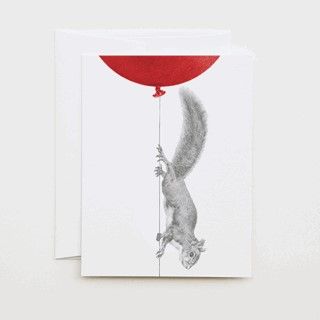 Greeting card by Central & Gus - Illustration of a squirrel holding a red balloon on a white card. Available for purchase at Scent & Violet in Houston, TX