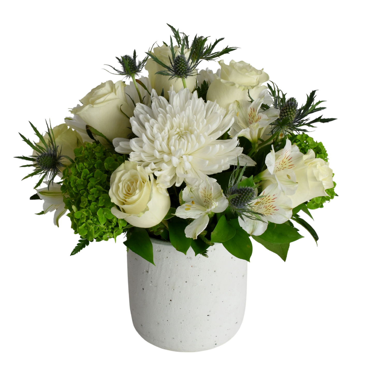 Healing White Flowers is an arrangement white flowers with green accents  arranged in a Hera Pot, handmade from clay with white textured finish