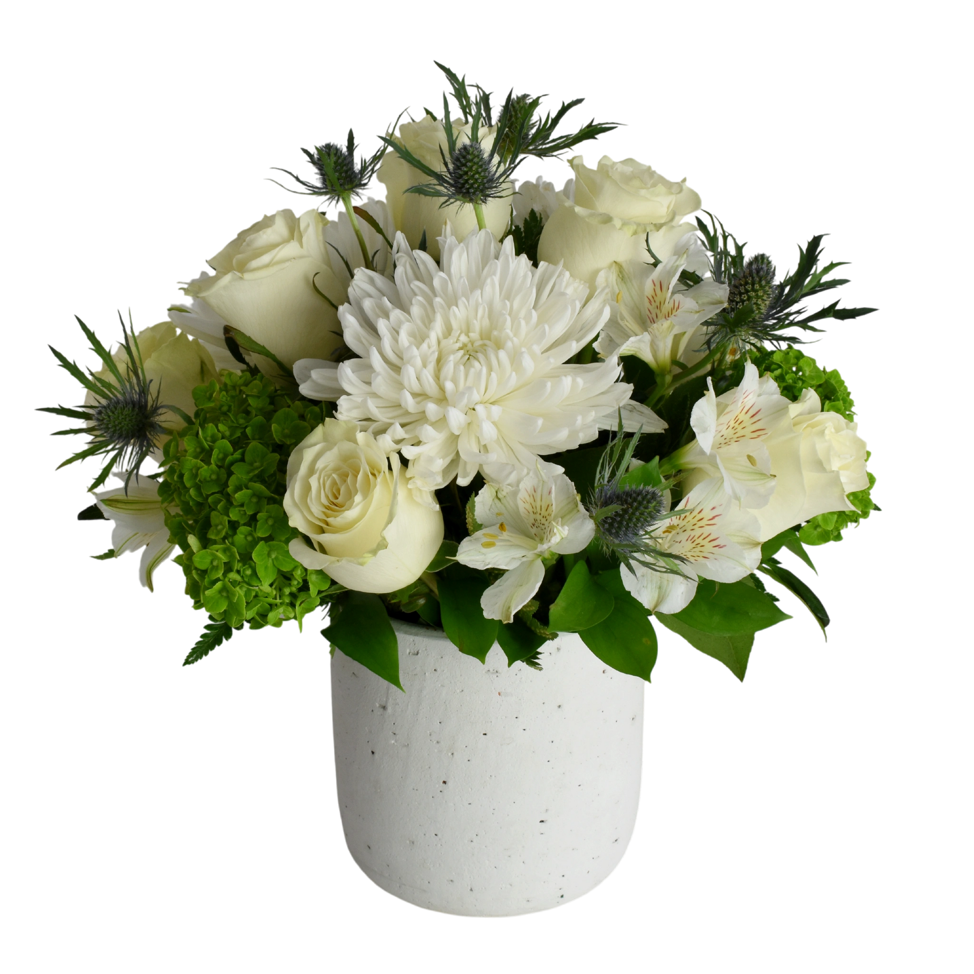 Healing White Flowers is an arrangement white flowers with green accents  arranged in a Hera Pot, handmade from clay with white textured finish