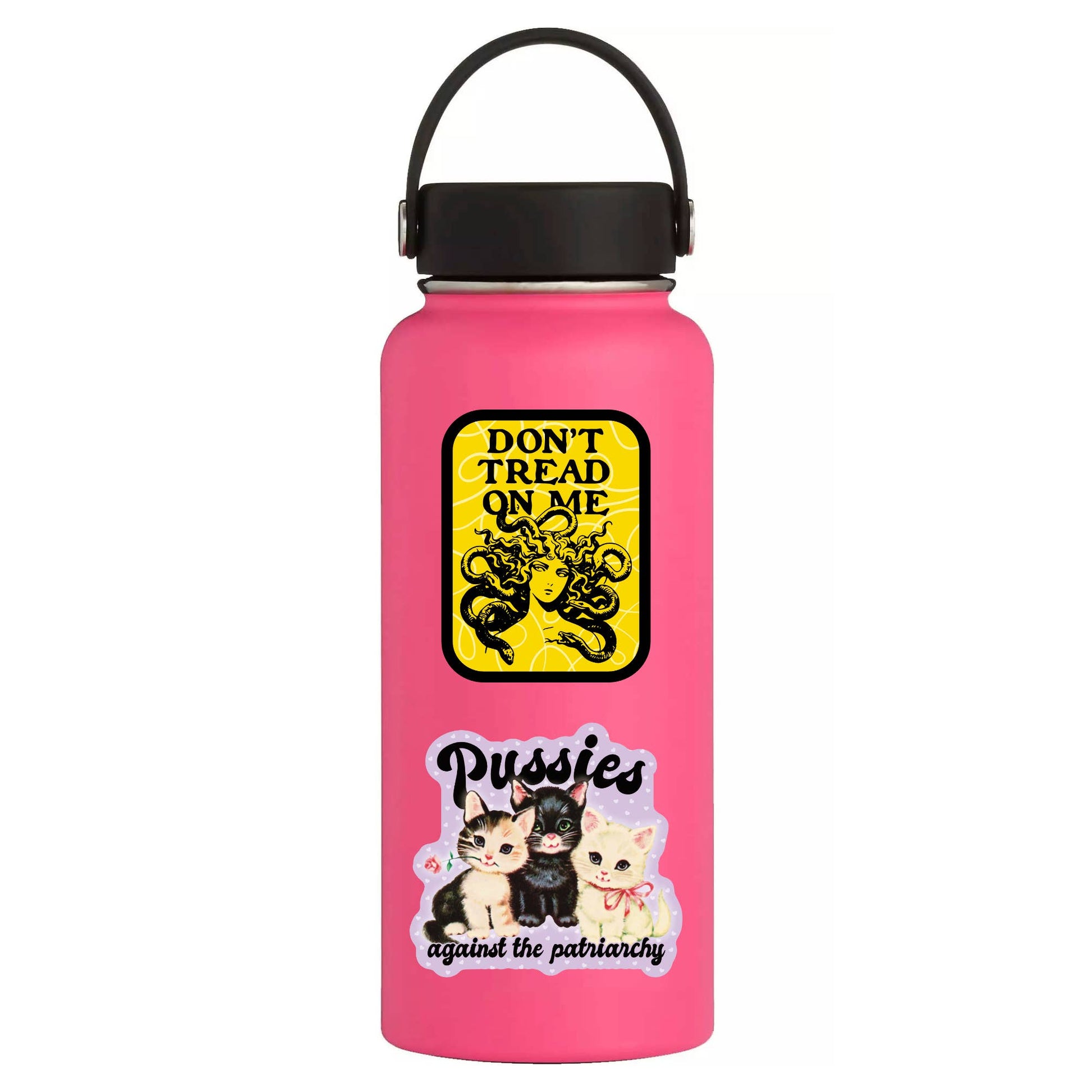 yellow sticker depicting Medusa and "don't tread on me" - on a water bottle