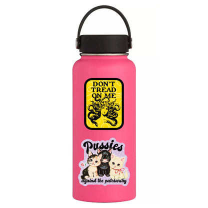 yellow sticker depicting Medusa and "don't tread on me" - on a water bottle