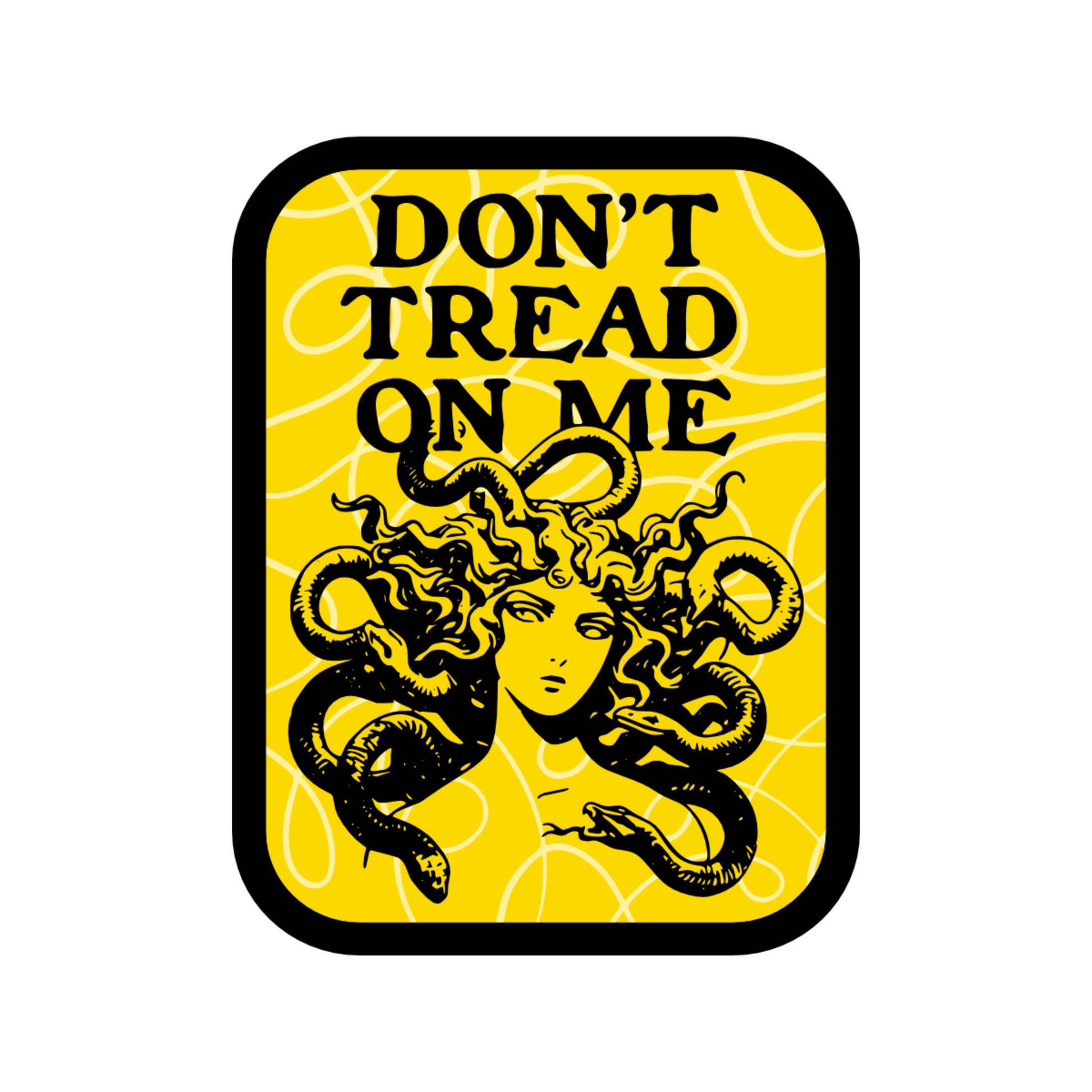 Sticker with Medusa design and 'Don't Tread On Me' text on a yellow background