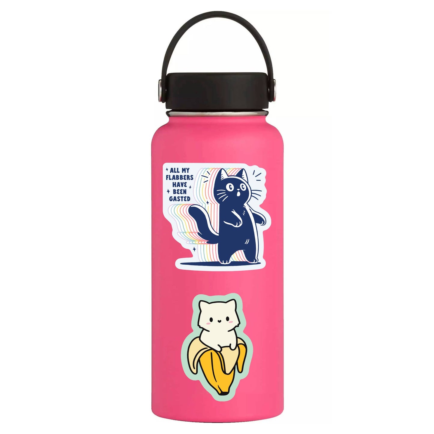 sticker on a pink bottle - shocked cartoon cat and text: all my flabbers have been gasted 