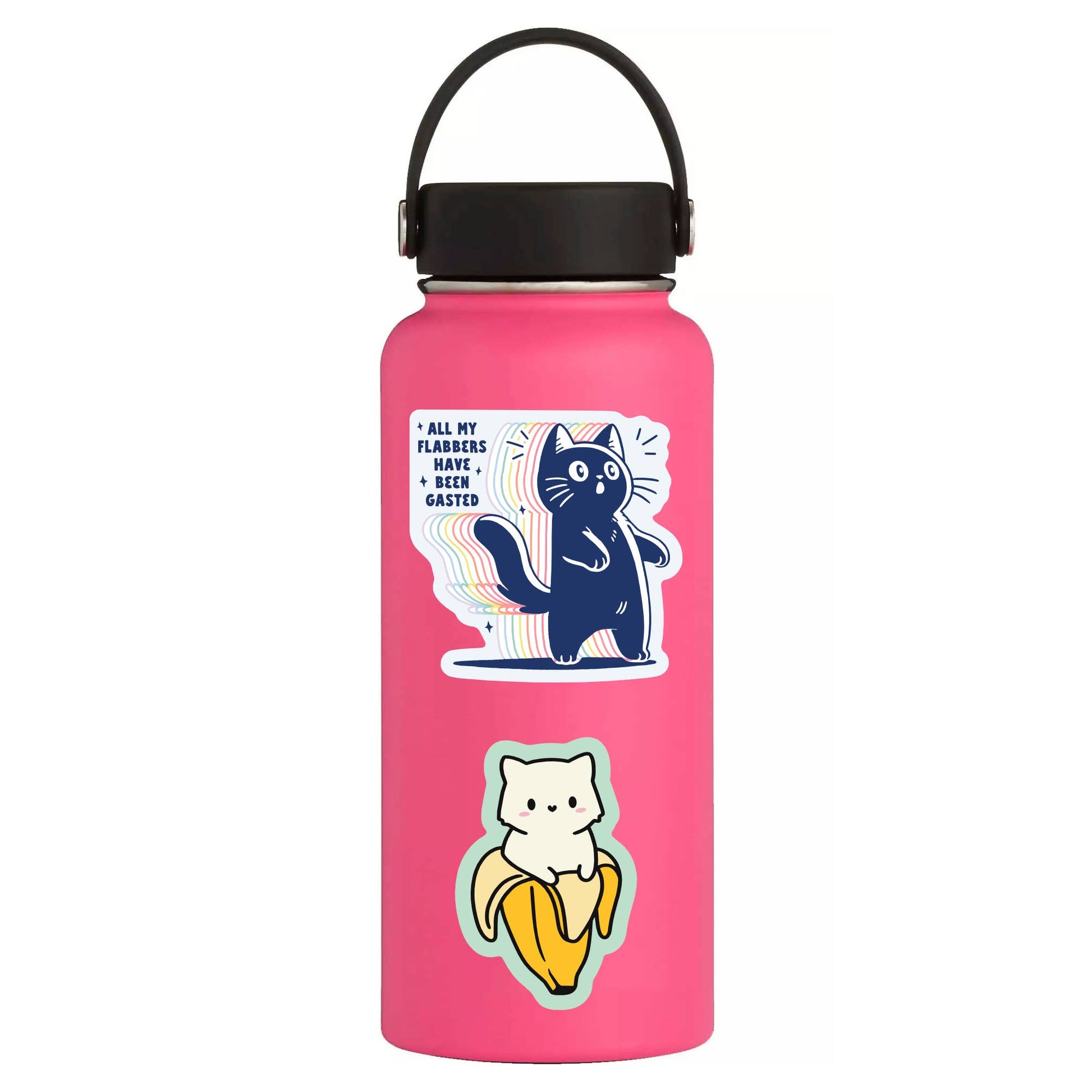 sticker on a pink bottle - shocked cartoon cat and text: all my flabbers have been gasted 
