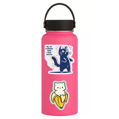 sticker on a pink bottle - shocked cartoon cat and text: all my flabbers have been gasted 