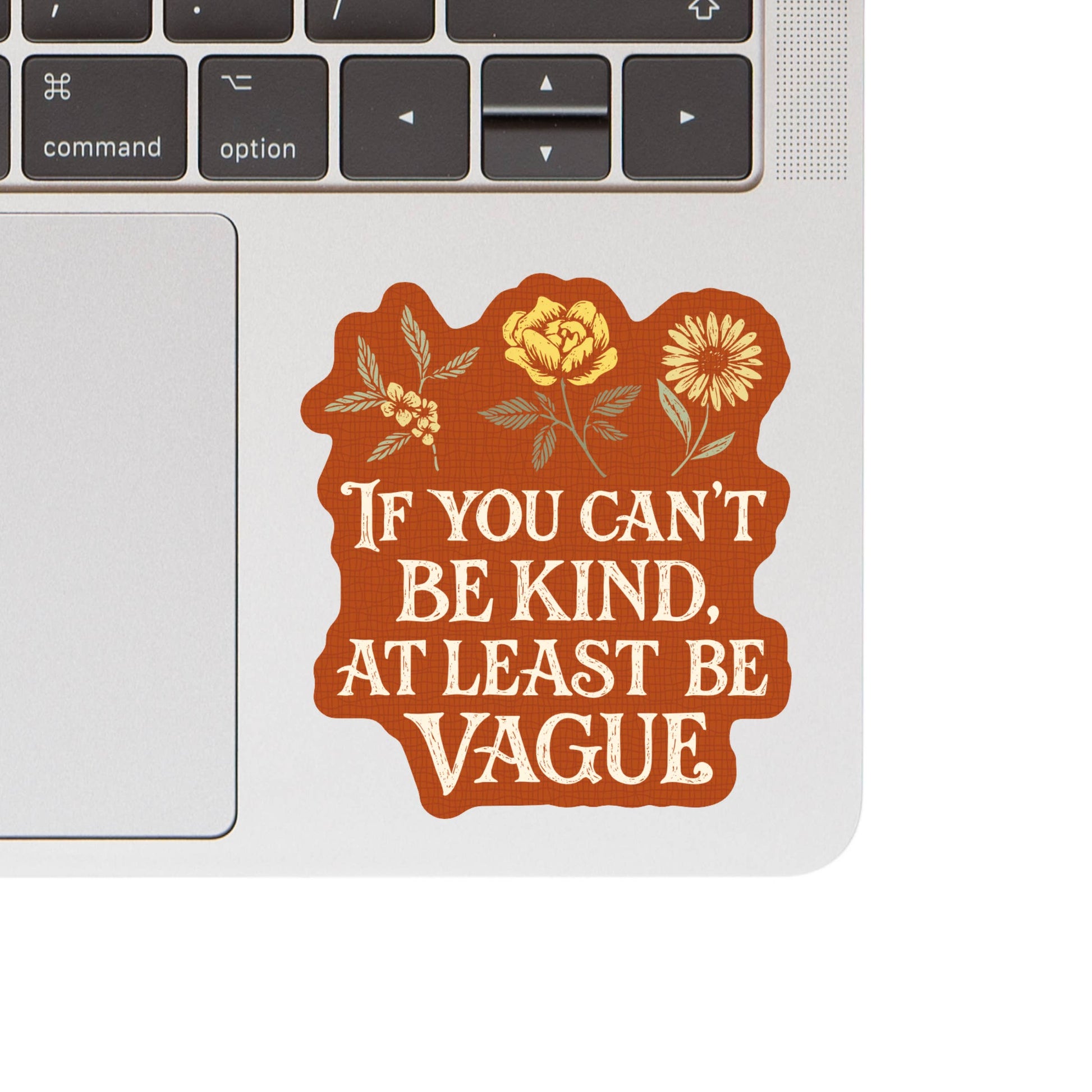 sticker that reads 'If you can't be kind, at least be vague' on a laptop