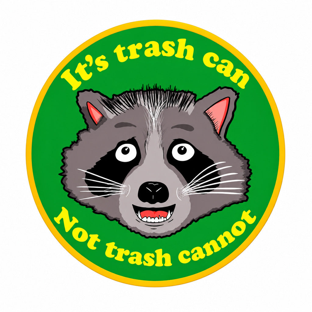 Sticker with raccoon illustration and text 'It's trash can, not trash cannot' 