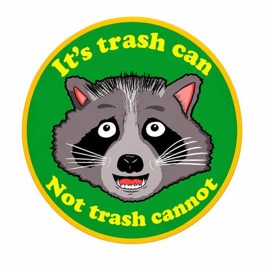 Sticker with raccoon illustration and text 'It's trash can, not trash cannot' 
