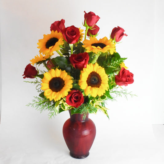 Sunflowers and Red Roses