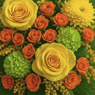 Visual representation of Scent & Violet’s sunshine collection palette featuring vibrant flowers in yellow, orange, and green. Photo is  a sample of color and not actual flowers used in the arrangement 