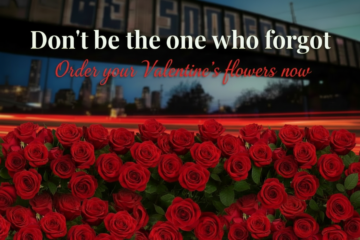 Banner depicting red roses and text "don't be the one who forgot. Order your Valentine's flowers now!" Banner background is Houston's iconic "be someone" sign 