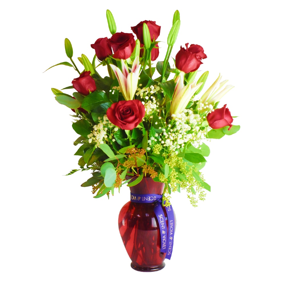Grande Amor - Roses & Lilies in a Red Glass Vase at Scent & Violet, flowers and gifts in Houston, TX