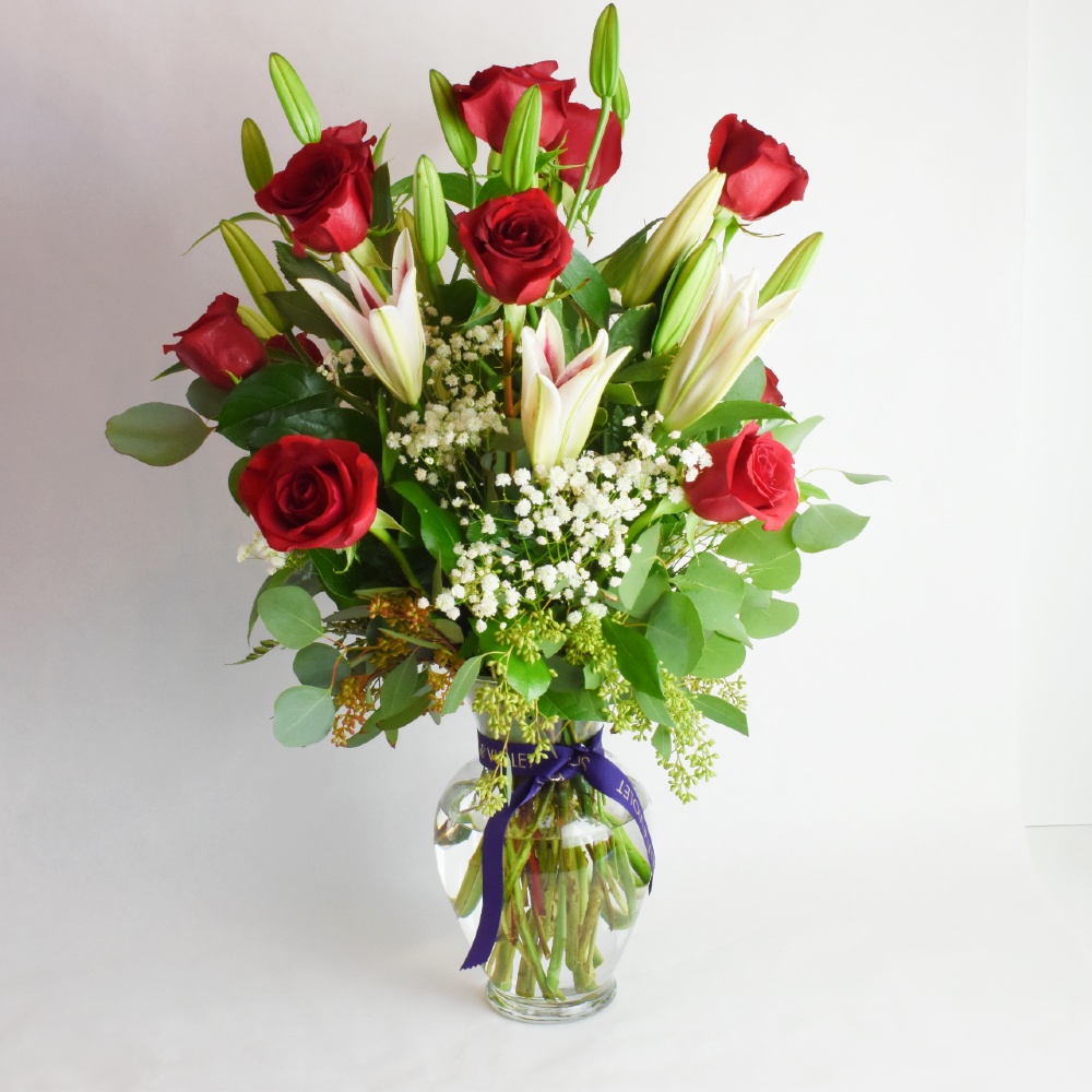 Grande Amor - Roses & Lilies in a Clear Glass Vase at Scent & Violet, flowers and gifts in Houston, TX 