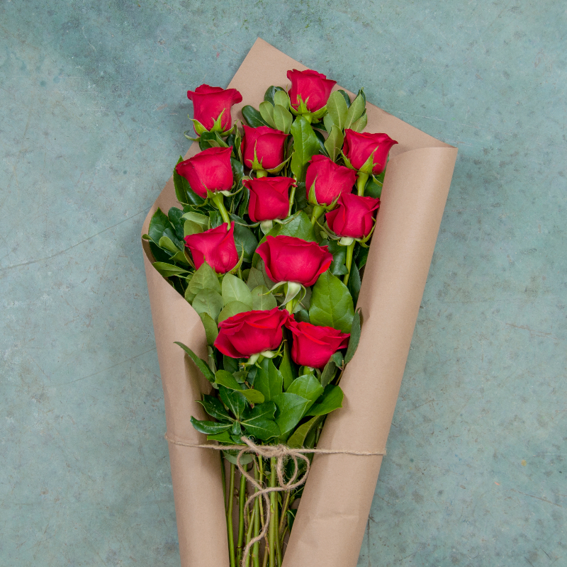 One Dozen Red Rose in Brown Craft- Paper Bouquet