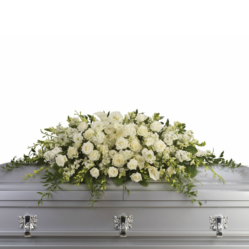 All White Casket Funeral Spray In Warwick, RI Petals Funeral Flowers