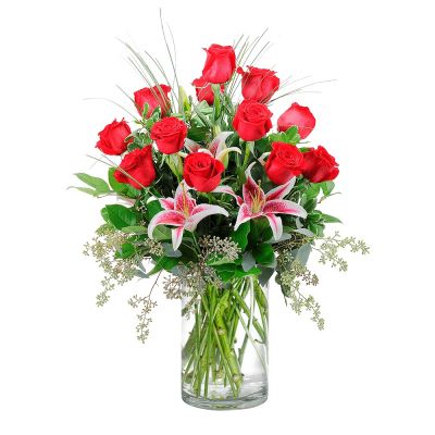 Red Roses and Lilies Vase in Houston, TX