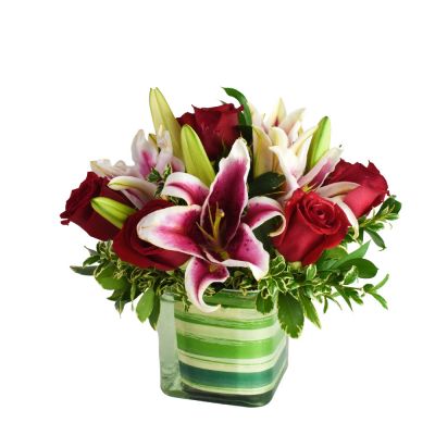 Red Roses and Pink Lilies Cube in Houston, TX