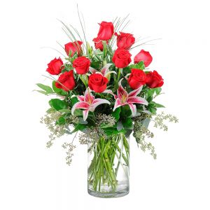Red Roses and Lilies Vase