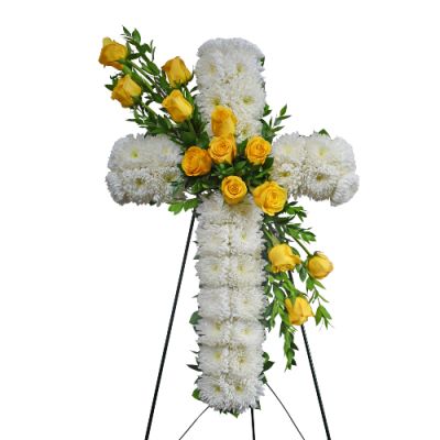 CALL FOR AVAILABILITY Standing Cross with yellow roses  in Houston, TX